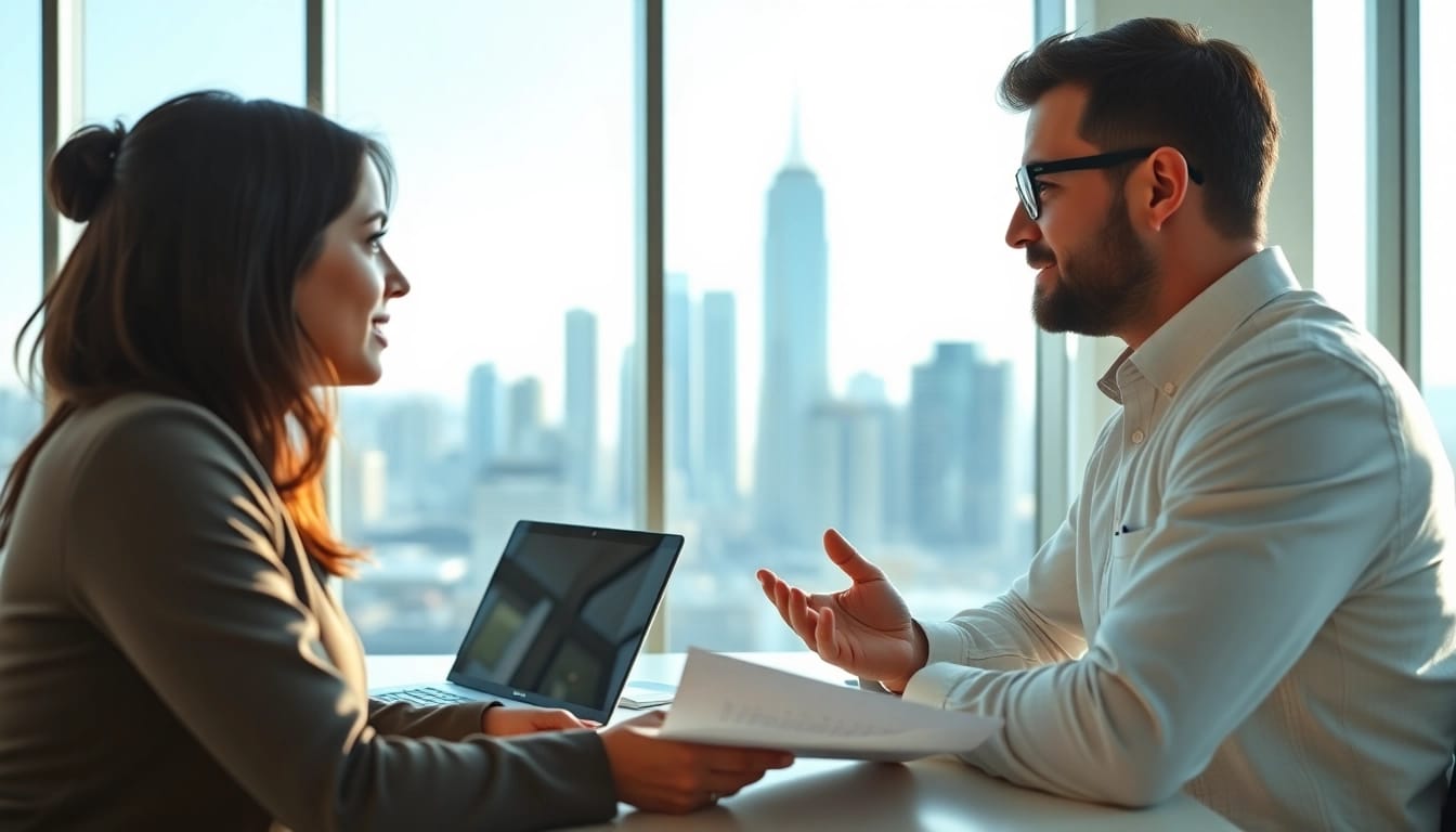 Erfahrene Headhunter Schweiz berät Klient in modernem Büro mit Skyline-Hintergrund.