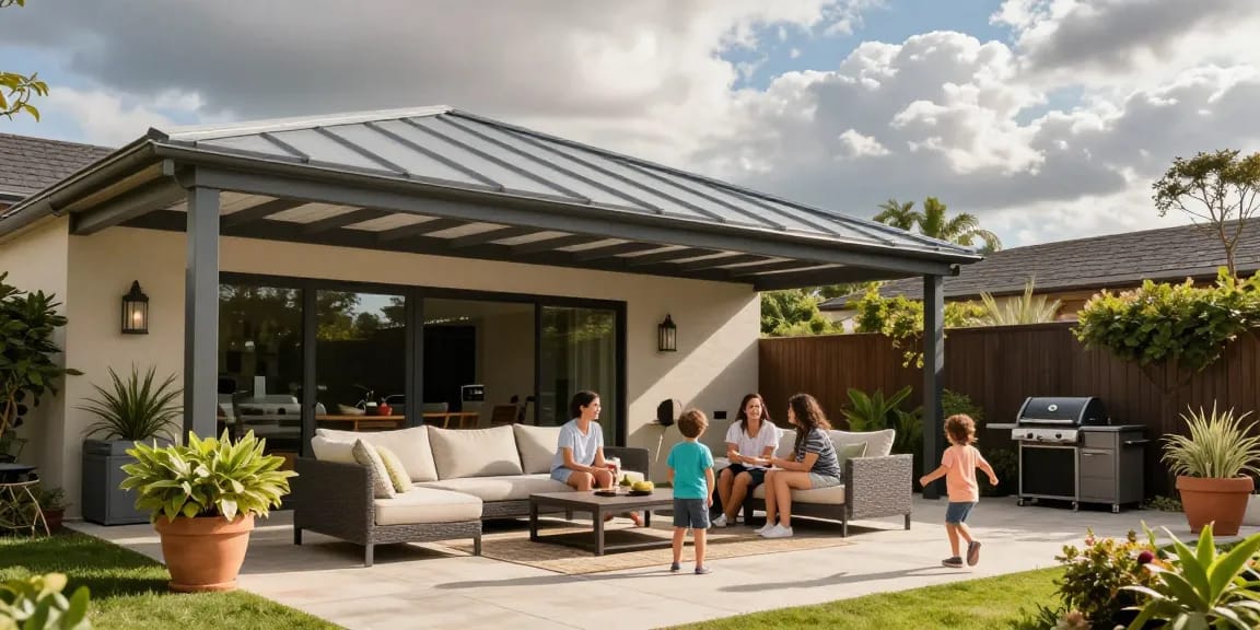 Terrassenüberdachungen in einem einladenden Außenbereich, Terrasse mit Familie und Pflanzen.