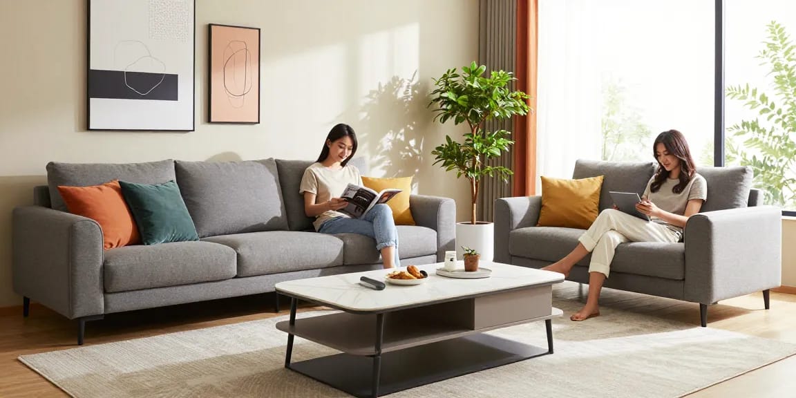 Stylisches Wohnzimmer mit modernen Möbeln, das Optionen für Möbel günstig kaufen präsentiert, mit einem gemütlichen Sofa und lebhaften Dekoren.