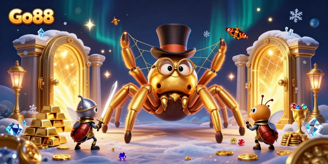 Engage with Go88's vibrant casino experience as a golden spider weaves amidst treasures.