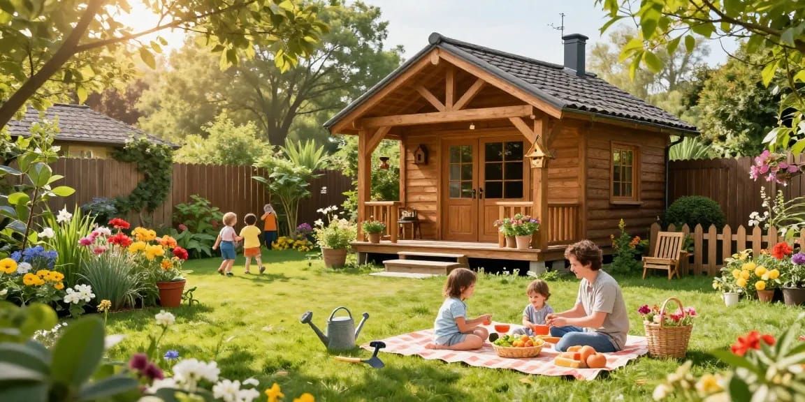 Wunderschönes Garten Haus in einer einladenden Gartenlandschaft mit Blumen und einer Familie bei einem Picknick.