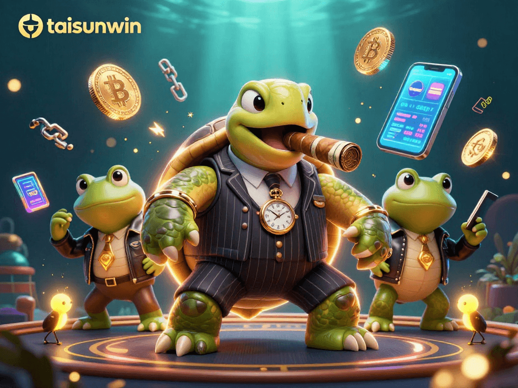 Taisunwin showcases a massive turtle mobster with crypto game elements in a vibrant casino scene.