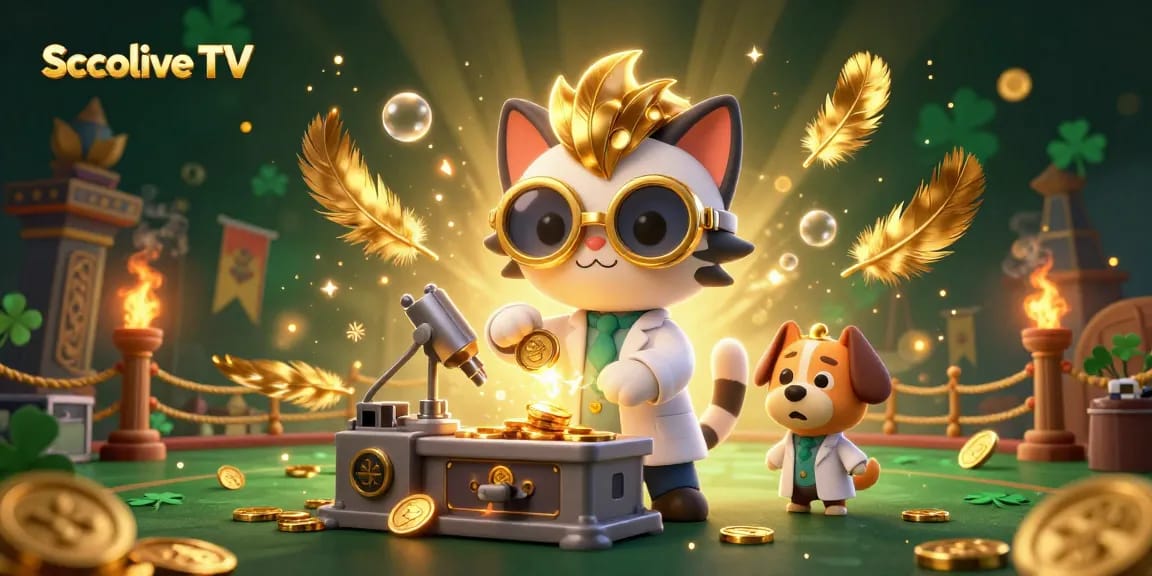 Socolive TV showcases a vibrant 3D illustration of a mad scientist cat with a gold coin machine amid a lively gambling scene.