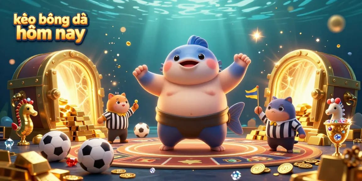 Engage with kèo bóng đá hôm nay in this animated underwater sports betting illustration featuring dynamic characters and vivid treasures.