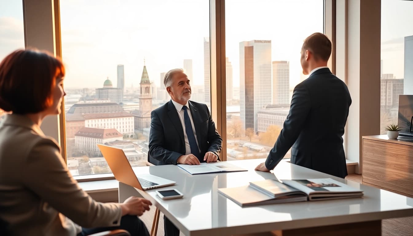 Immobilienmakler Frankfurt Sachsenhausen in einem eleganten Büro mit Skyline-Hintergrund.