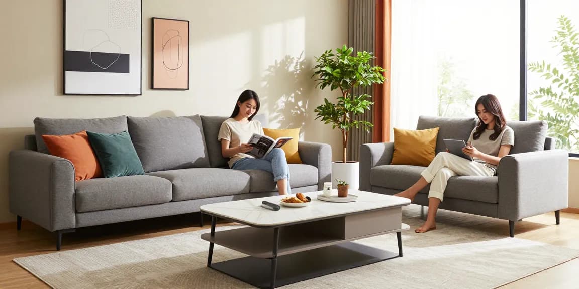 Stylisches Wohnzimmer mit modernen Möbeln, das Optionen für Möbel günstig kaufen präsentiert, mit einem gemütlichen Sofa und lebhaften Dekoren.