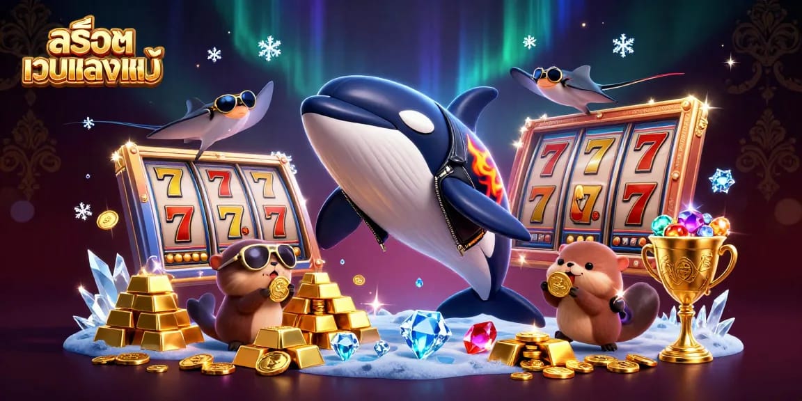 Play สล็อตเว็บตรงแท้ with excitement, featuring a dynamic cartoon illustration of a vibrant casino scene.