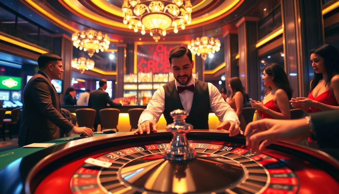 Spiele Casinospiele.de in einem eleganten Casino-Setting mit einem engagierten Dealer.