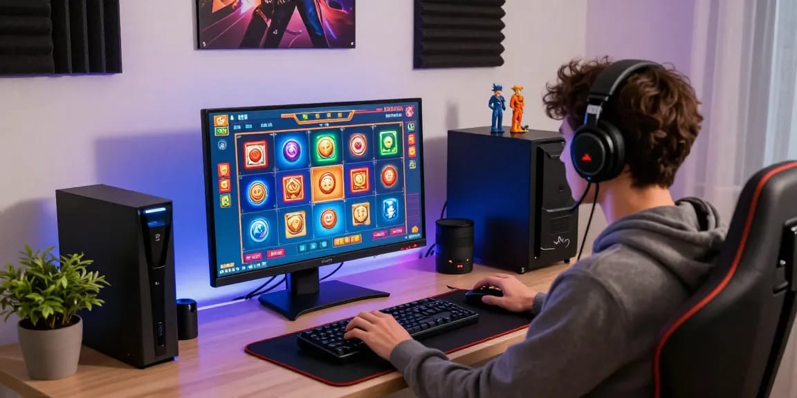 Engaged player enjoying สล็อตเว็บตรง on a stylish home gaming setup with LED ambiance and colorful graphics.