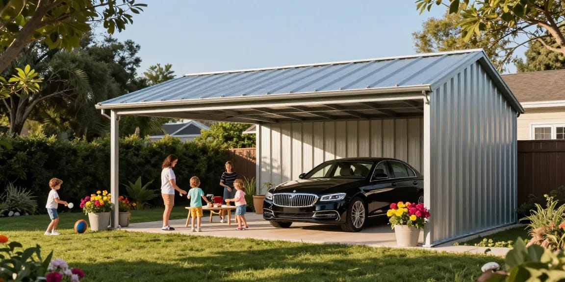 Moderner Carport in einem einladenden Garten mit einer Familie, die ein Picknick genießt.