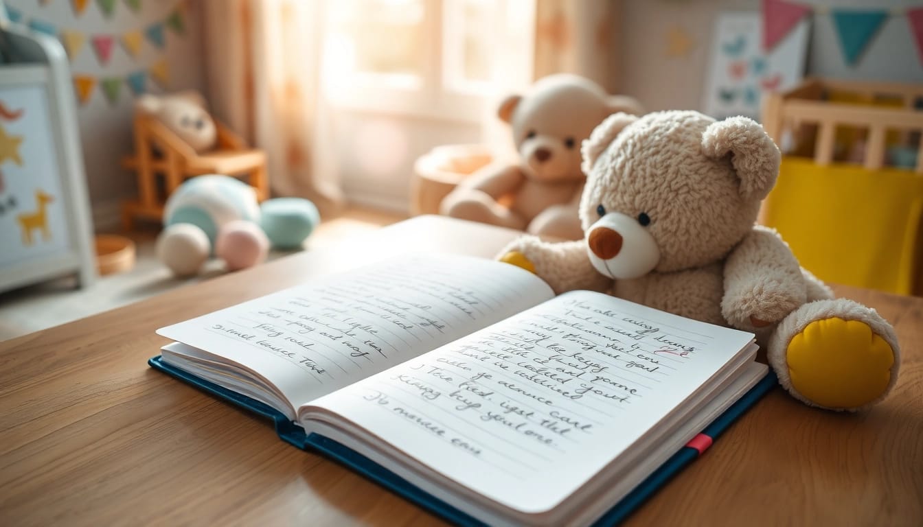 Erstellen Sie ein kreatives Baby Tagebuch mit bunten Zeichnungen und liebevollen Notizen.