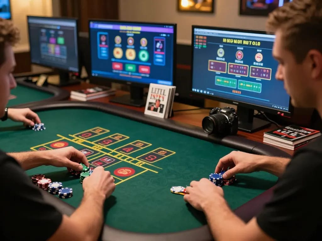 Engaging online player using a Plagiat Scanner, surrounded by casino gaming elements showcasing focus and strategy.