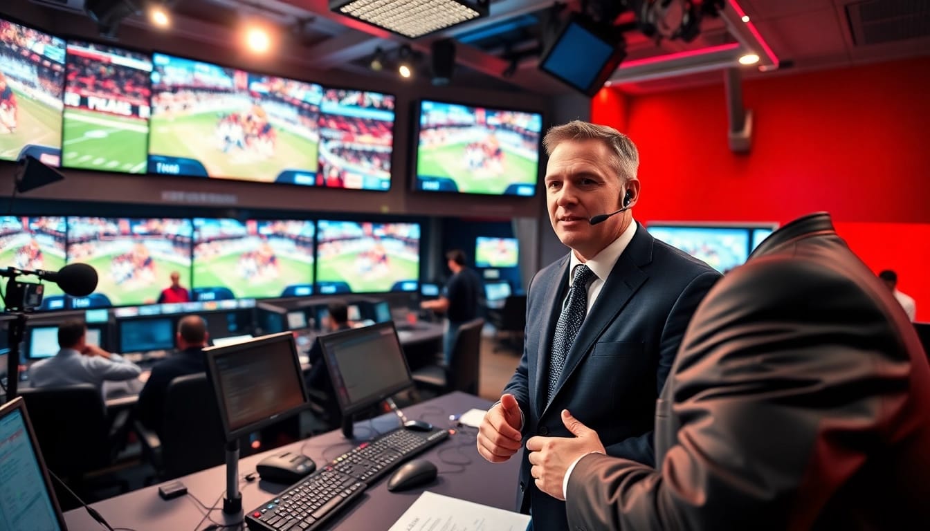 Exciting scene of sports broadcasting showcasing dynamic anchors and technology in action.