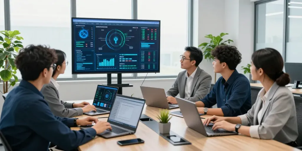 IT Dienstleister Frankfurt Team in einem modernen Büro, die IT-Sicherheit besprechen und Strategien entwickeln.