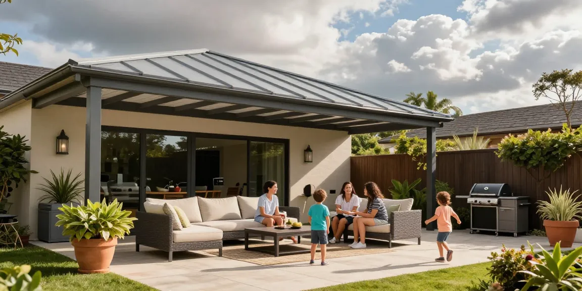 Terrassenüberdachungen in einem einladenden Außenbereich, Terrasse mit Familie und Pflanzen.