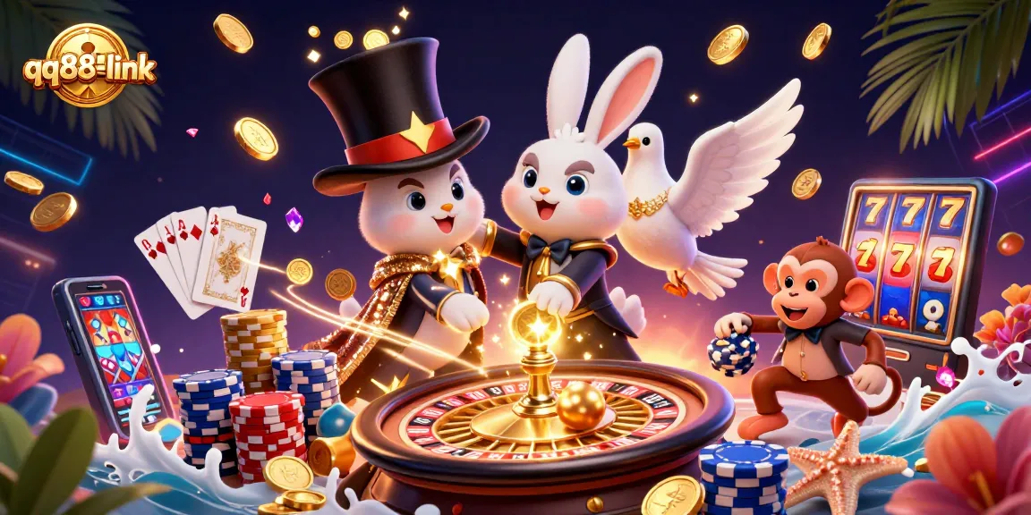 Experience the magic of qq88-link with a 3D cartoon scene of a magician rabbit and glamorous elements.