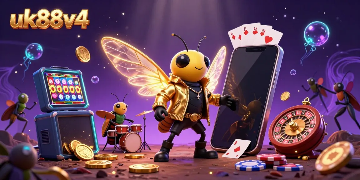 Engage with vibrant uk88v4 gaming action led by a cicada rock star amidst dynamic casino elements.