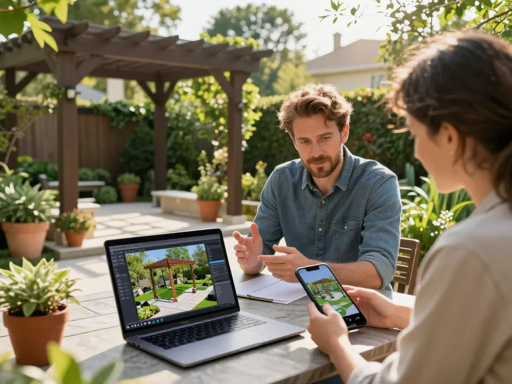 Professioneller Designer verwendet Software für Pergola-Installateure, um eine maßgeschneiderte Pergola in einer Gartenumgebung zu visualisieren.