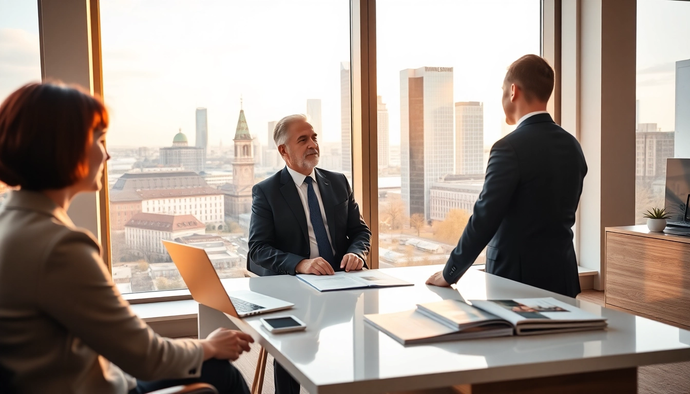 Immobilienmakler Frankfurt Sachsenhausen in einem eleganten Büro mit Skyline-Hintergrund.