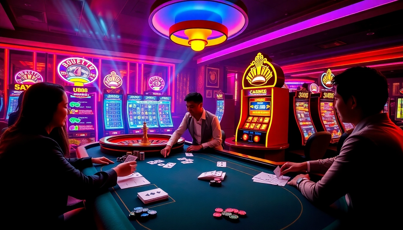 Experience U888 trang chủ with vibrant casino tables, poker chips, and roulette wheels.