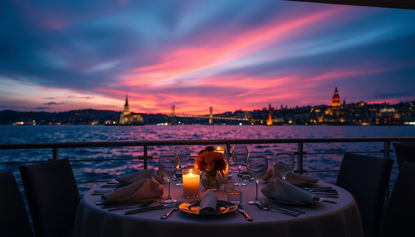 Bosphorus dinner cruise enjoying a romantic dining setup with stunning sunset views.