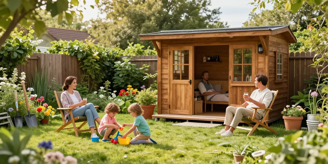 Gartenhäuser: Familie entspannt vor ihrem schönen Holz-Gartenhaus im sonnigen Garten.