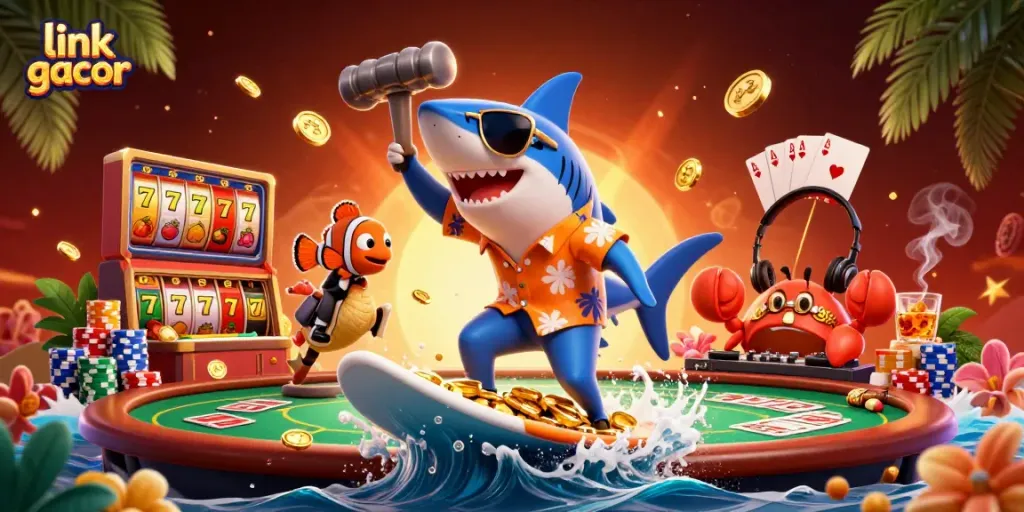 Spin to win with link gacor, a vibrant party of a shark, clownfish, and crab surrounded by casino excitement.
