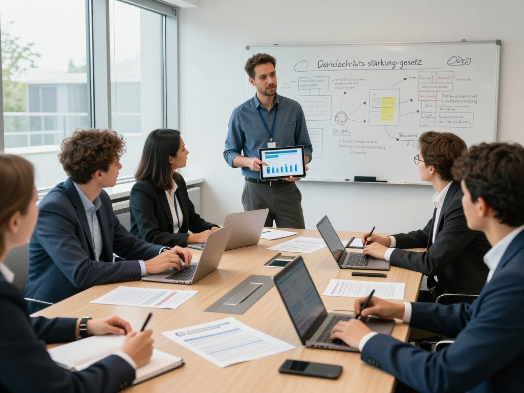Öffentliche und gemeinnützige Einrichtungen Kommunen im modernen Büro, Team diskutiert Datenschutz und Barrierefreiheit.