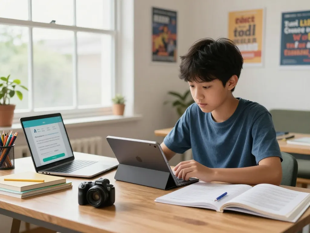 Student, der eine Hausaufgaben Löser Online-App in einem hellen Studierzimmer nutzt.