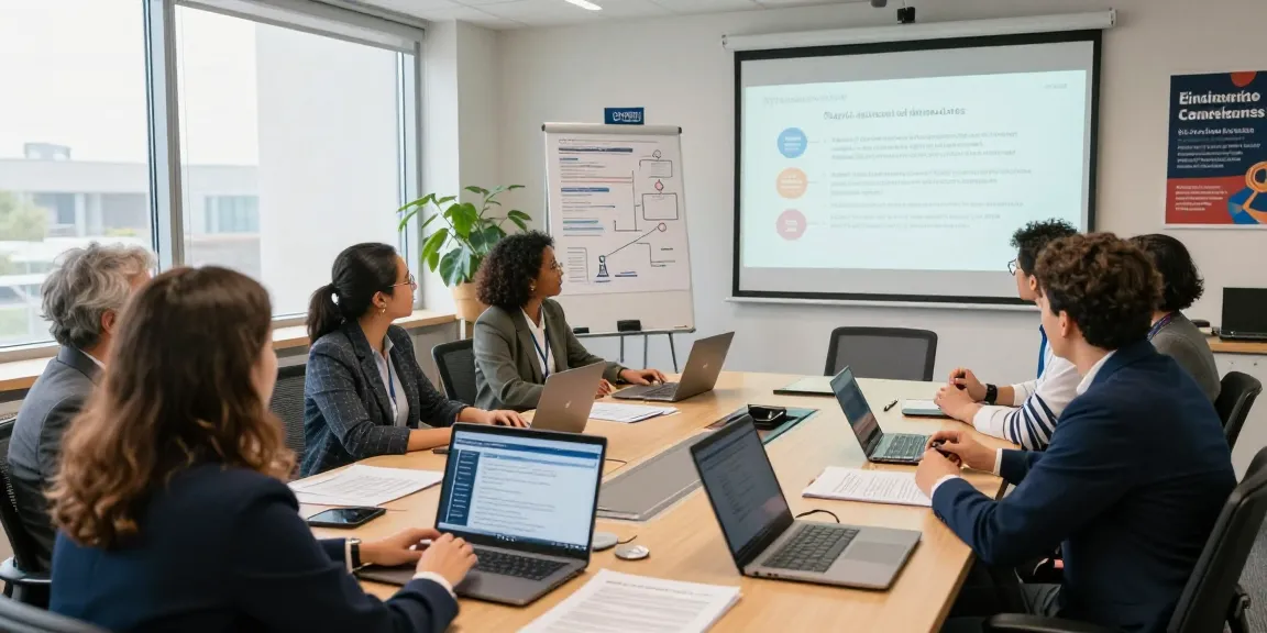 Public sector employees discussing data protection and digital inclusivity for Öffentliche und gemeinnützige Einrichtungen Kommunen in a collaborative office setting.