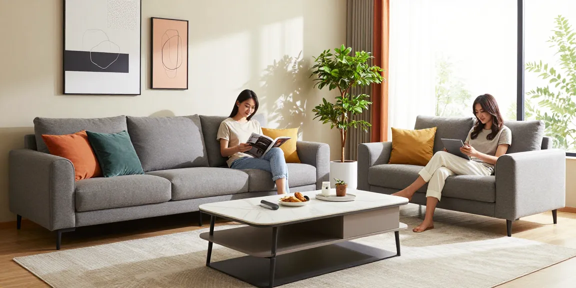 Stylisches Wohnzimmer mit modernen Möbeln, das Optionen für Möbel günstig kaufen präsentiert, mit einem gemütlichen Sofa und lebhaften Dekoren.