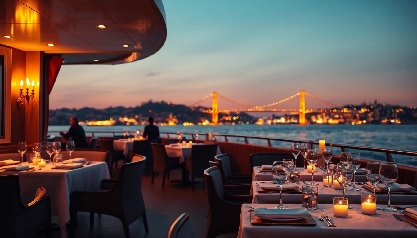 Bosphorus dinner cruise with elegant dining and Istanbul skyline backdrop