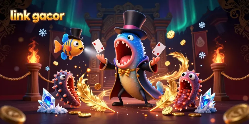 Experience thrilling gameplay in a vibrant 3D scene showcasing link gacor with playful sea creatures in a casino environment.