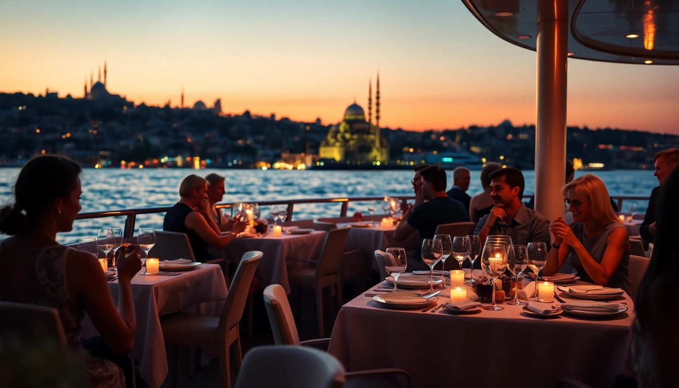 Bosphorus dinner cruise with elegant dining experience and Istanbul skyline at sunset.