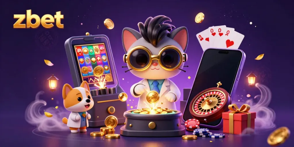 Engage with zbet's 3D cartoon mad scientist and assistant creating a gold-coin-replication machine in a vibrant casino lab.