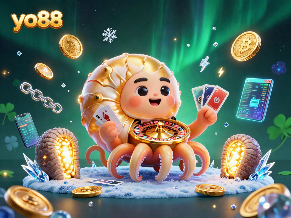 Engage in thrilling gambling with yo88, featuring a nautilus roulette wheel and vibrant crypto elements.