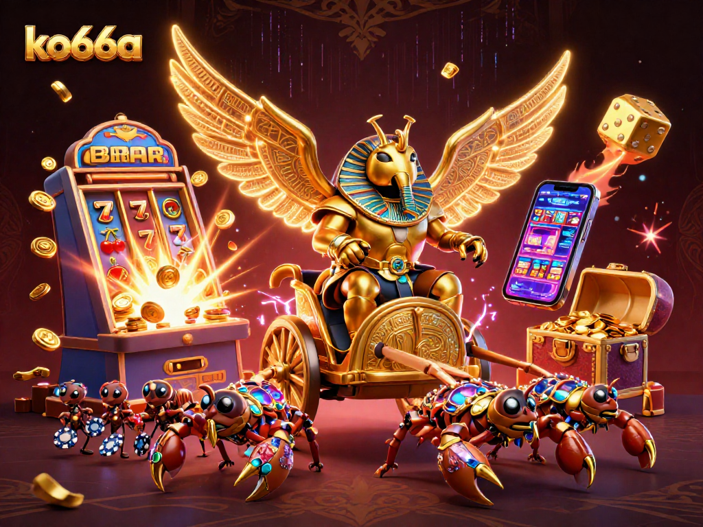 Experience thrilling gameplay at ko66a with a captivating illustration of a golden scarab beetle and casino elements.