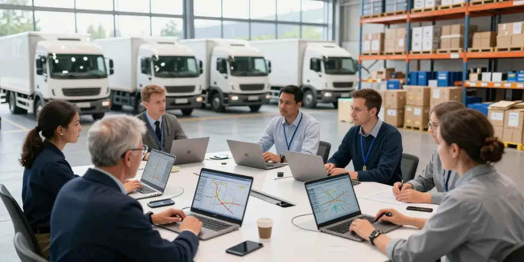 Transportfirma in Bielefeld - Team bespricht Logistiklösungen in modernem Lagerhub