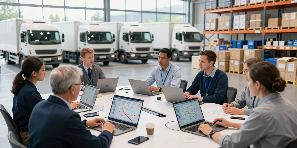 Transportfirma in Bielefeld - Team bespricht Logistiklösungen in modernem Lagerhub