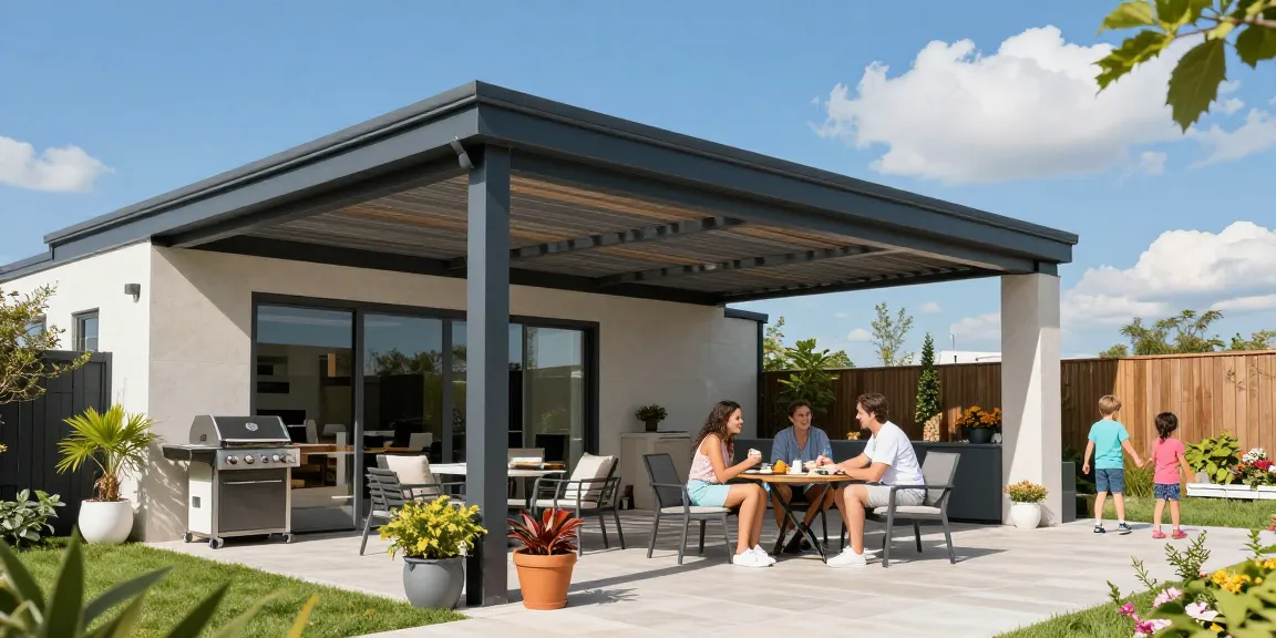 Freistehende Terrassenüberdachung in einer modernen Outdoor-Szene mit Familie und stilvollen Möbeln.