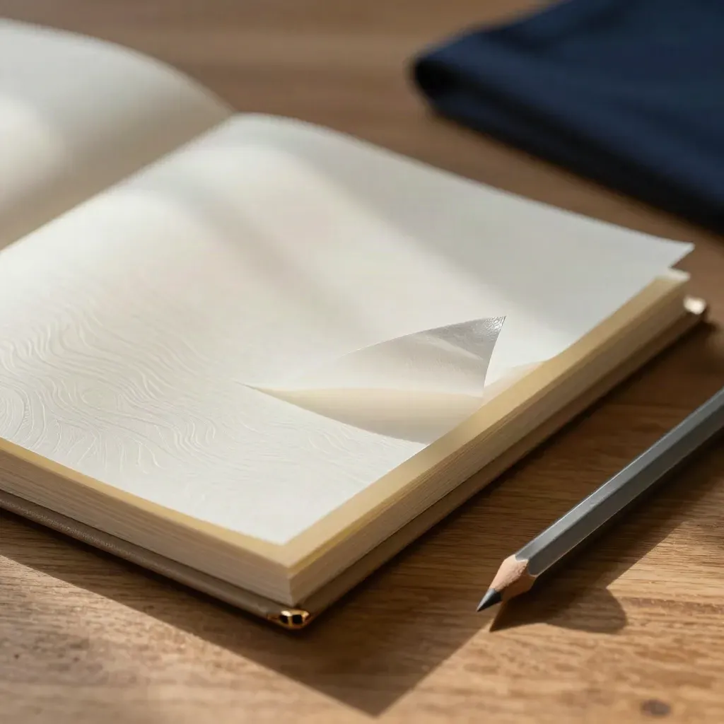 Makro eines Analyse-Binders aus Vellum mit Wellenstruktur, Bleistiftstummel und Metallclip auf Holz.