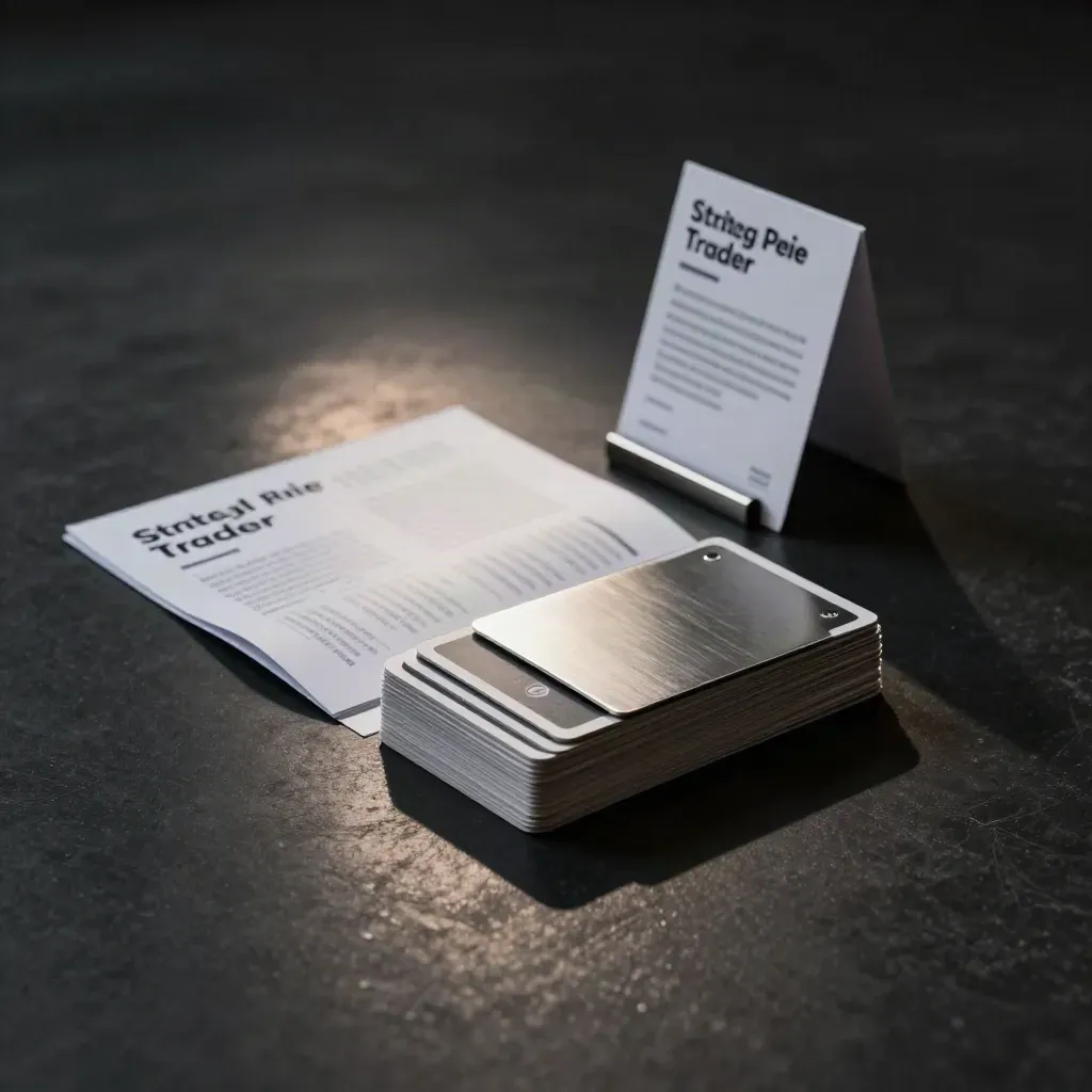 Seminar-Bundle mit Programmblatt, Kartenstapel und Metallclip auf dunklem Studio-Boden.