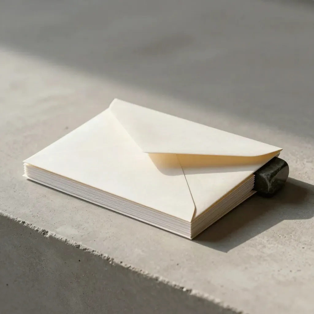 Trading-Signalpaket mit Umschlag, Kartenstapel und Steinbeschwerer auf hellem Beton.