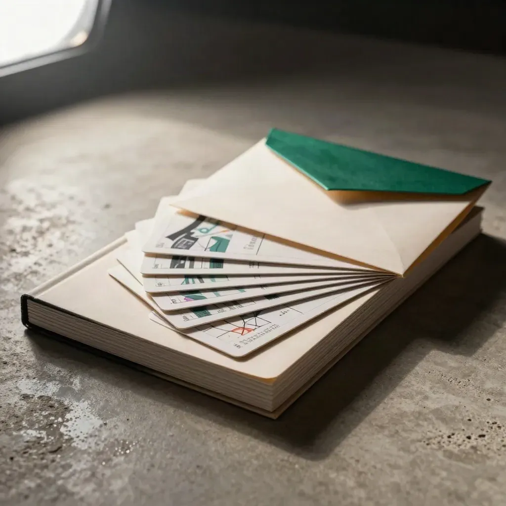 Offenes Trading-Set mit Karten, Workbook und Coaching-Umschlag auf warmem Beton.