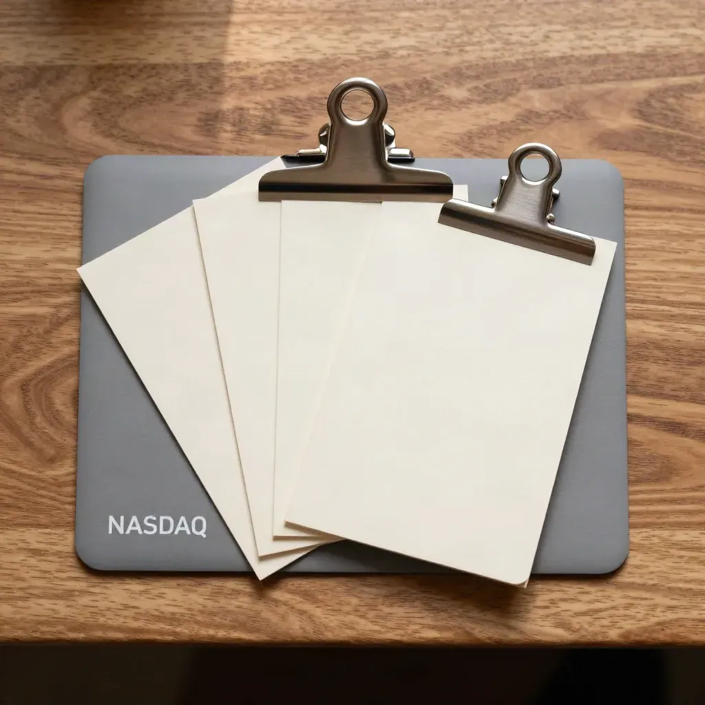 Overhead-Flatlay eines Webinar-Pakets mit Karten und Metallclip auf Holz.
