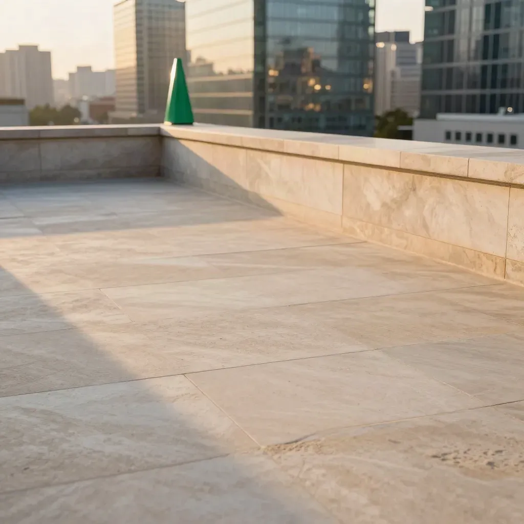 Sandstein-Terrasse im goldenen Abendlicht mit verschwommener Skyline und ruhiger Kopffläche.