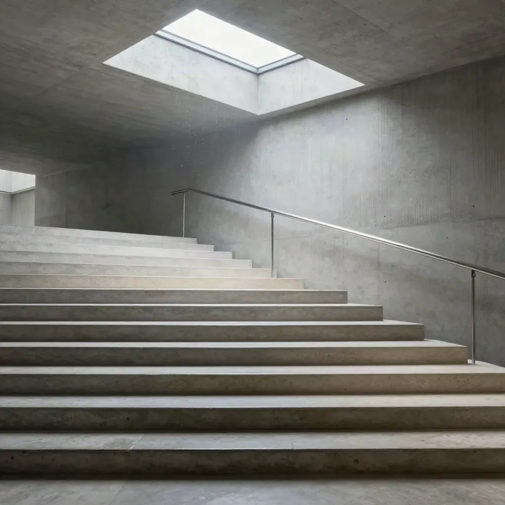Lichtdurchflutetes Betontreppenhaus mit Oberlicht, Geländer und viel ruhiger Fläche für Text.