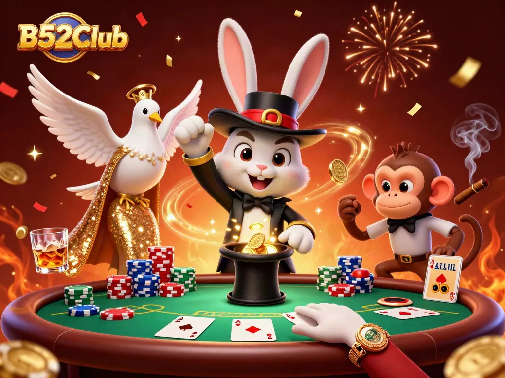 Join the excitement at B52Club with a lively scene of magical characters and vibrant poker action!