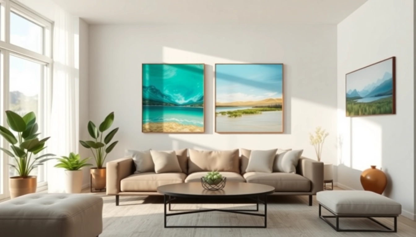 Wandbilder in einem eleganten Wohnzimmer mit beeindruckenden Kunstwerken.