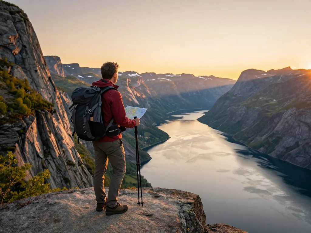 Reisender erlebt atemberaubende Fjorde während des Urlaubs in Skandinavien und fängt Abenteuer und atemberaubende Landschaften ein.